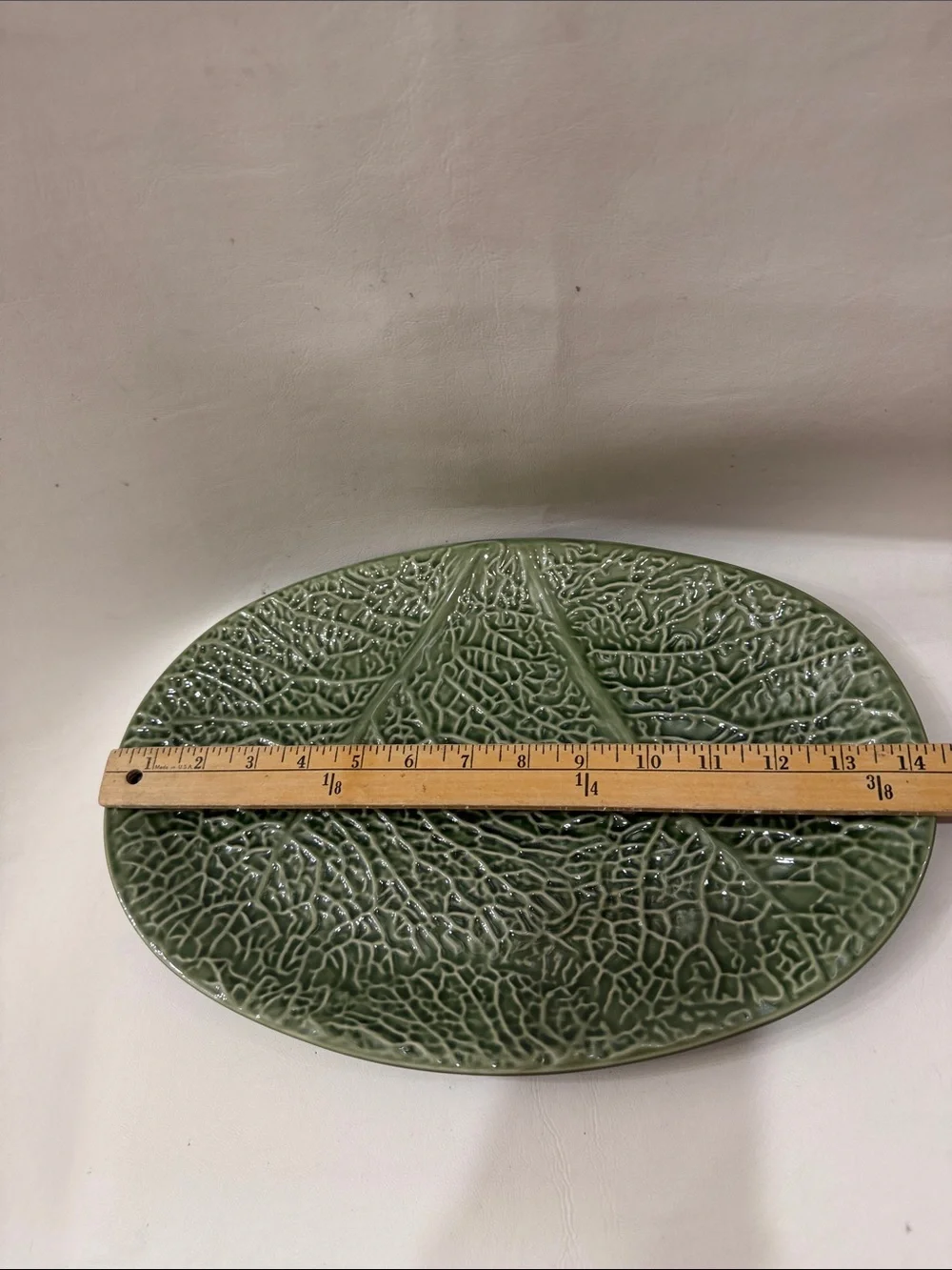 IKEA Sweden Olive Green Cabbage Leaf Ceramic Platter 14 1/2 In X 9 3/4 In